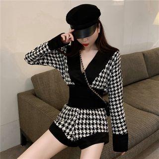 Long-sleeve Houndstooth Crop Top / Houndstooth Shorts
