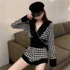 Long-sleeve Houndstooth Crop Top / Houndstooth Shorts