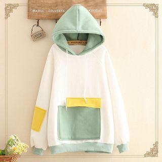 Color-block Fleece-lined Hoodie As Shown In Figure - One Size