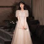 Puff-sleeve Embellished Mesh Cocktail Dress (various Designs)