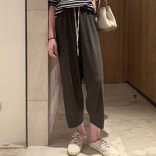 Plain High-waist Loose-fit Drawstring Harem Pants