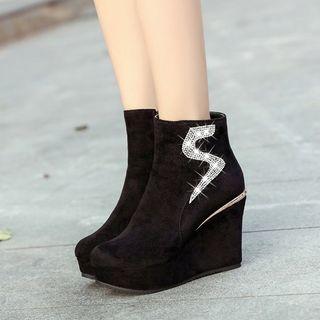 Faux-leather Rhinestone Wedge Ankle Boots