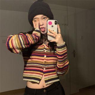 Striped Ribbed Cardigan As Shown In Figure - One Size