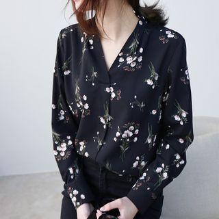 Long-sleeve Floral V-neck Chiffon Blouse