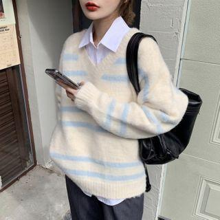 Striped V-neck Sweater Blue Stripes - Milky White - One Size