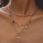 Cross Rhinestone Pendant Faux Pearl & Star Layered Choker Necklace