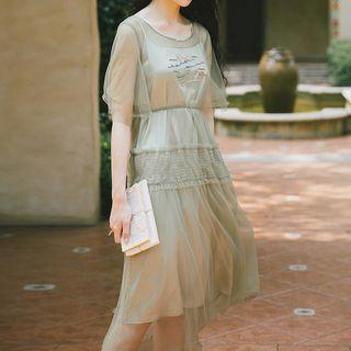 Set: Embroidered Elbow-sleeve Midi Dress + Slipdress