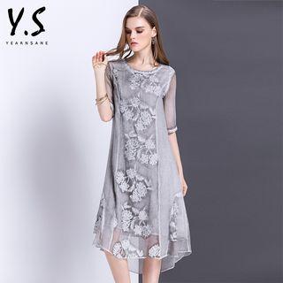 Floral Embroidered Elbow-sleeve Midi Dress