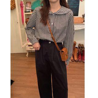 Long Sleeve Sailor Collar Check Shirt