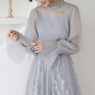 Set: Bell-sleeve Mesh Blouse + Midi A-line Skirt