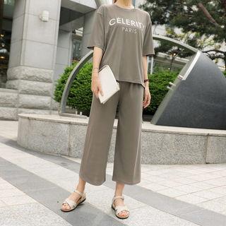 Set: Round-neck Letter Print T-shirt + Band-waist Pants