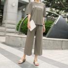 Set: Round-neck Letter Print T-shirt + Band-waist Pants