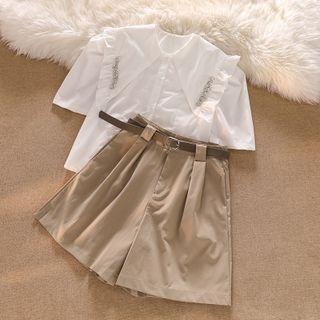 Short-sleeve Rhinestone Blouse / Wide Leg Shorts