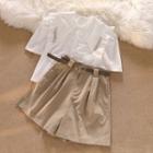 Short-sleeve Rhinestone Blouse / Wide Leg Shorts