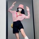 V-neck Striped Oversize Top Pink - One Size
