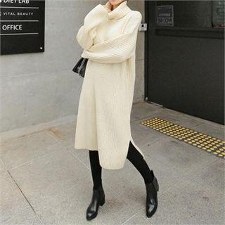 Turtle-neck Rib-knit Midi Sweater Dress