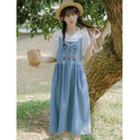Short-sleeve Sailor Collar Blouse / Floral Embroidered Denim Overall Dress / Set