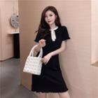 Tie Neck Short-sleeve A-line Dress Black - One Size