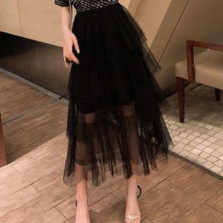 Short-sleeve Sequined Tiered Midi Dress