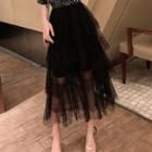 Short-sleeve Sequined Tiered Midi Dress