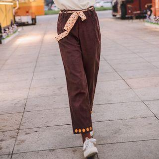 Corduroy Straight-leg Pants With Dotted Sash