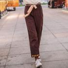 Corduroy Straight-leg Pants With Dotted Sash