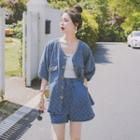 Set: Puff-sleeve Patterned Jacket + Shorts