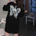 Elbow-sleeve Glitter Butterfly T-shirt