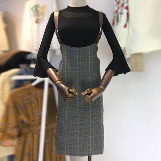 Set: Mock-neck 3/4-sleeve Knit Top + Plaid Pinafore Dress