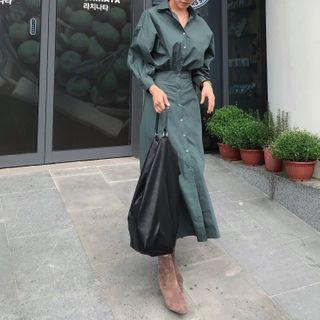 Plain Puff-sleeve Shirt Dress