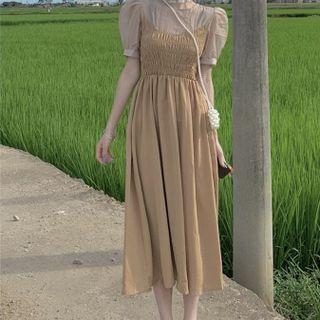 Short-sleeve Mock Two-piece Midi A-line Dress Khaki - One Size
