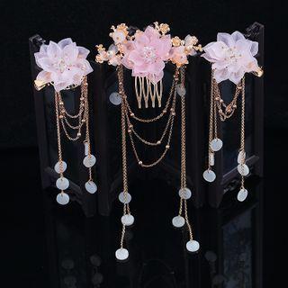 Set Of 3: Rhinestone Flower Fringe Hair Comb + Hair Clip