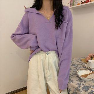 Front Pocket Ribbed Hem Plain Knit Top