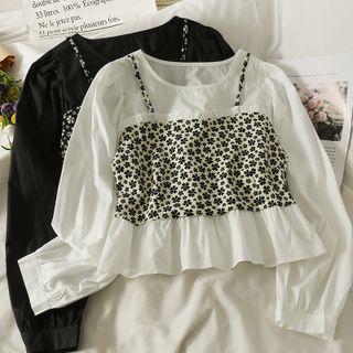Mock Two-piece Crew-neck Peplum Blouse