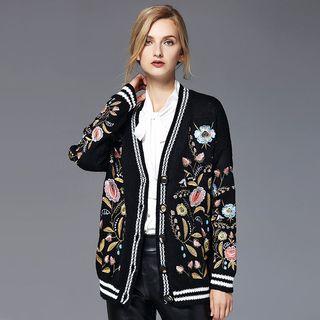 Contrast Stripe Embroidery Cardigan
