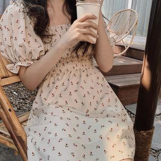 Puff-sleeve Square Neck Floral Ruffled Dress As Shown In Figure - One Size