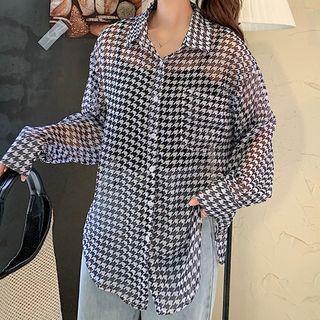 Houndstooth Long-sleeve Blouse As Shown In Figure - One Size