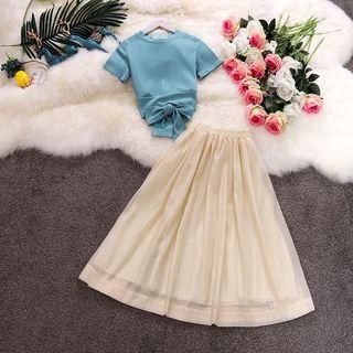 Set: Bow Accent Short-sleeve T-shirt + Midi A-line Skirt