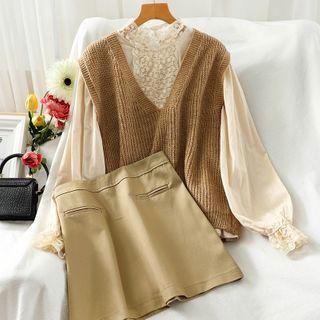 Set: Mock Neck Lace Top + Knit Vest + A-line Skirt