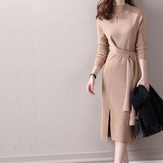 Mock-neck Sashed Slit Knit Midi Sheath Dress