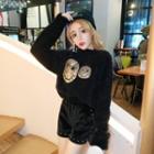 Smiley Sequined Furry Sweater/ Rivet Wide-leg Shorts/ Set