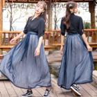 V-neck Elbow-sleeve Blouse / Glitter Maxi Skirt