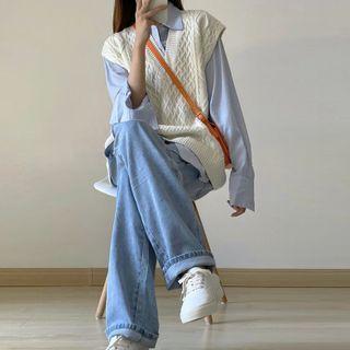 Long-sleeve Blue Shirt / Jacquard Vest / Loose-fit Shift Jeans