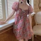 Puff-sleeve Floral Print Mini A-line Dress Red Flower - Khaki - One Size