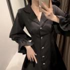 Bell-sleeve Single Breast Plain Slim Fit Dress Black - One Size