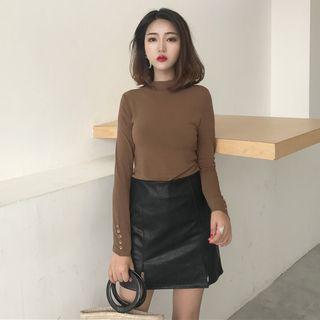 Mock Neck Long-sleeve T-shirt / Faux Leather Mini Skirt
