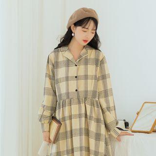 Plaid Long-sleeve Shirtdress Khaki - One Size