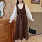 Stand Collar Blouse / Midi A-line Overall Dress / Set