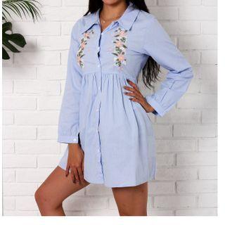 Flower Embroidered Long-sleeve Shirtdress
