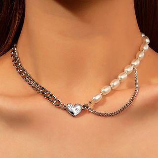 Heart Pendant Faux Pearl Alloy Choker 01 - Silver - One Size